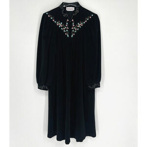 Vtg Vanity Fair‎ Nightgown Womens M Black House Coat Sleep Dress Floral Retro